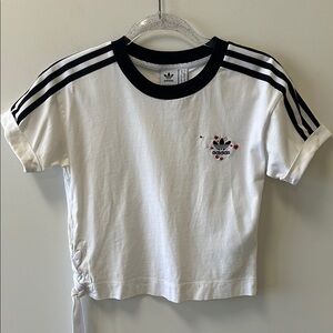 Adidas Sz Small White Top w/Hearts & Black Shoulder Stripes